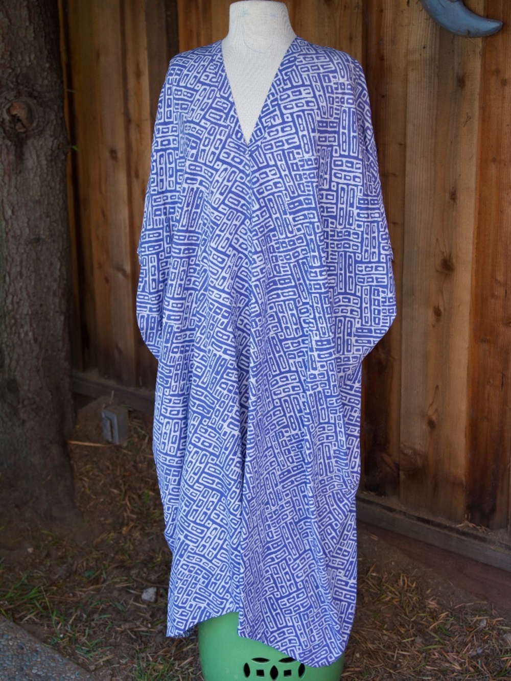 Vintage Noa Noa Blue & White Batik Geometric Print Maxi Kaftan Dress Woman's S